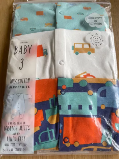 Baby Boys Sleepsuits Babygrows Vehicles Cars Lorry 0-3 months 3 Pack New