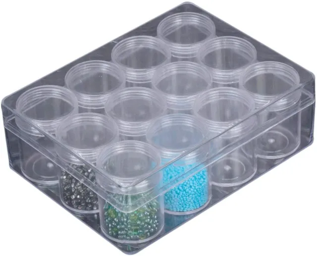 Organizador de caja de plástico 12 frascos transparente joyería pendientes cuentas píldoras de coser NUEVO