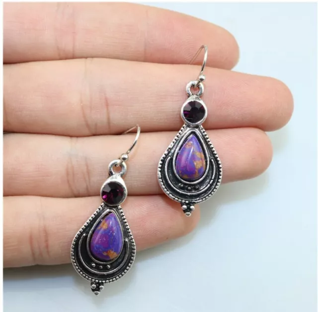 Beautiful Handmade Purple Turquoise Teardrop Stone Silver Hook Earrings