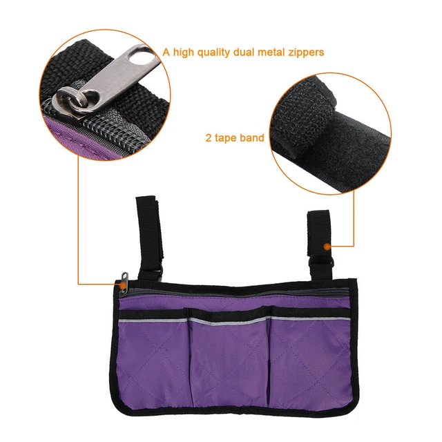 Púrpura Múltiples Bolsillos Gran Capacidad Silla de Ruedas Reposabrazos Bolso Lateral Silla de Ruedas