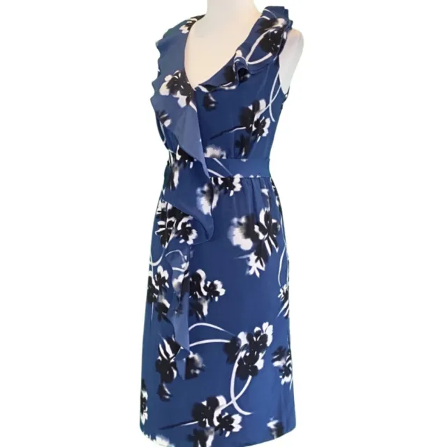 Tahari Sleeveless V-Neck Draped Ruffle Trim Blue Floral Chiffon Dress Size 8