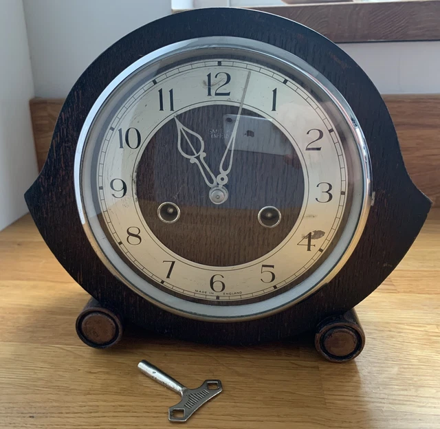 ART DECO SMITHS Enfield 8 Day Chime Mantle Clock With Key. Spares