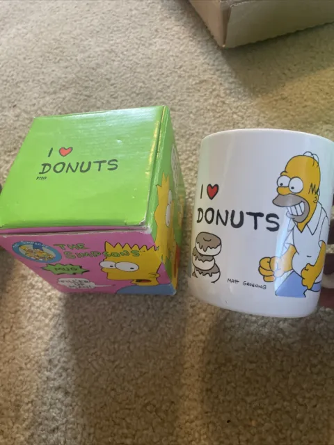 Taza de café vintage nueva en caja de Los Simpson 1990 Homero Simpson I Love donuts