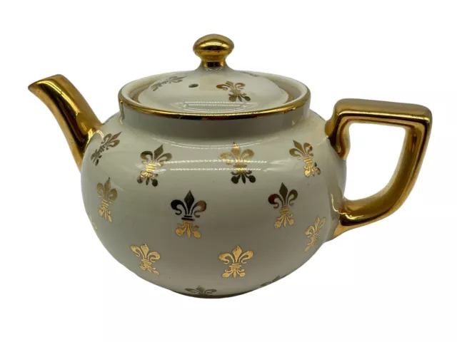 Hall China Ivory Boston MCM Teapot with Gold Fleur-De-Lis Made in USA Vintage