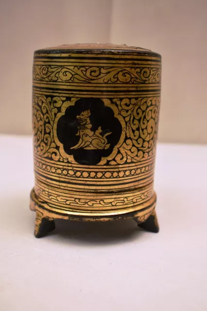 Antique Burmese Betel Box (Kun-It, Yun - Shwe Zawa) Gold And Black Leaf Design "
