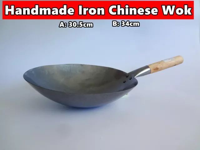 Good Quality Heavy Duty Iron Chinese Wok Wooden Handle Round Base (30.5cm/34cm)