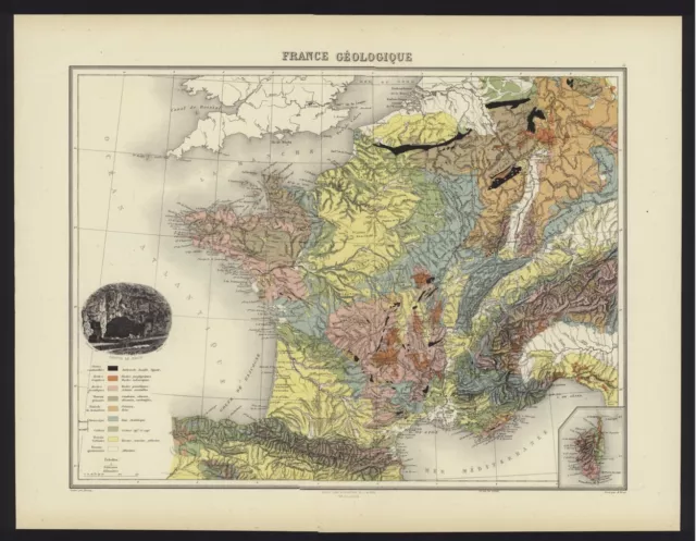 FRANCE .GEOLOGICAL MAP by J Migeon 1892