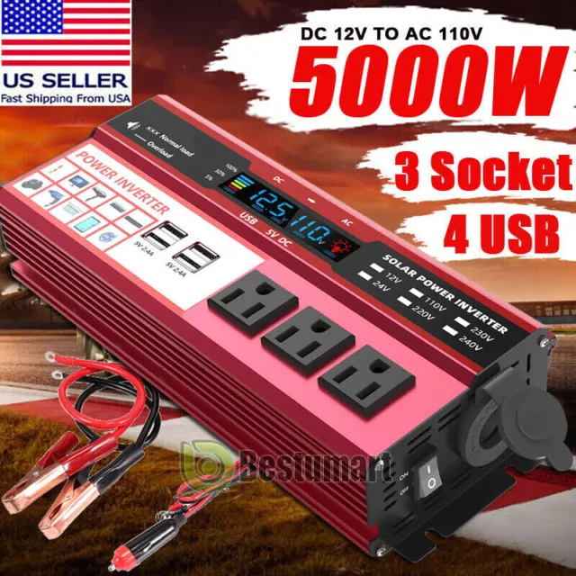 5000W Watts Car Power Inverter DC 12V to AC 110V Pure Sine Wave 1000W Converter