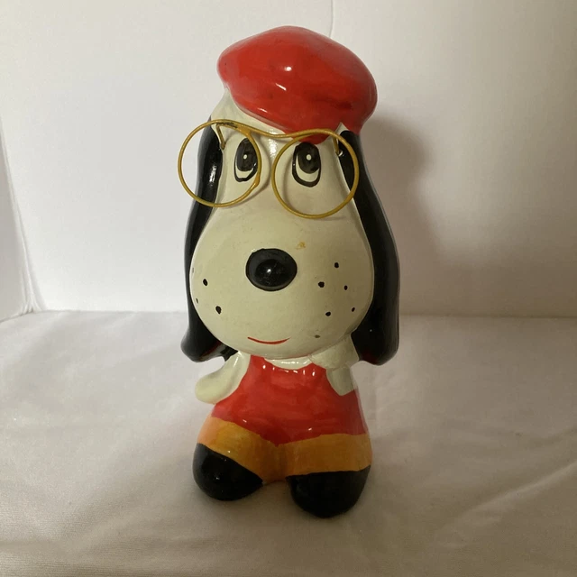70's HIPPY Vintage Ceramic Chalk HOUND DOG Coin BANK Figurine Wire Eyeglasses