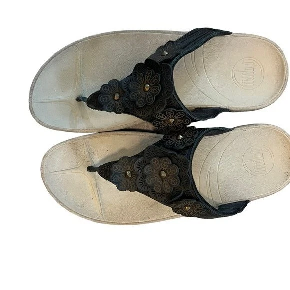 FitFlop Women's Size 5 Sandal Black Wobble Board Flower Floral Comfort Platform 2