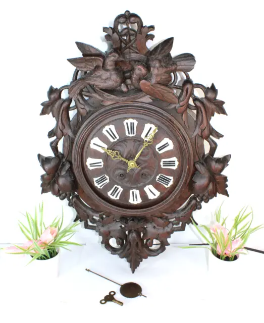 Antique black forest wood carved wall clock birds 19thc