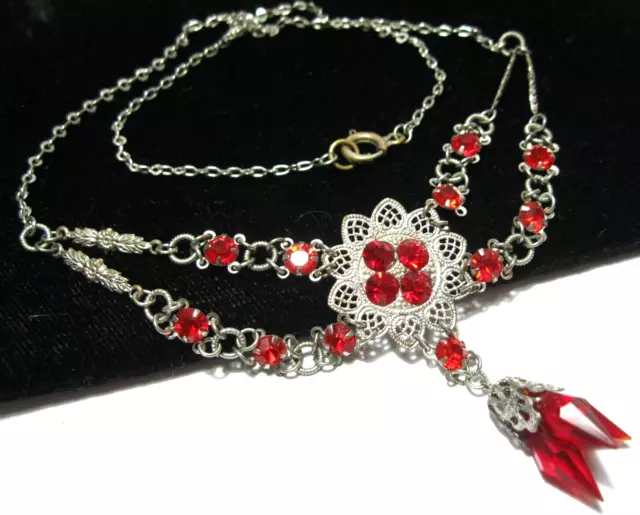 Vintage Art Deco Czech  Red Faceted Glass Crystal Filigree Necklace c1930’s