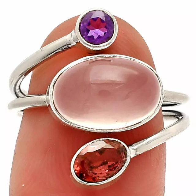 Rose Quartz, Garnet & Amethyst 925 Sterling Silver Ring s.7.5 Jewelry R-1209
