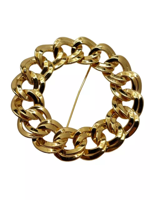 Vintage MONET Signed Goldtone Chain Link Round Circle Large Brooch Pin