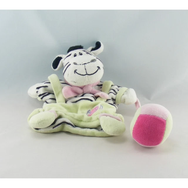 Doudou plat marionnette zèbre vert rose balle BABY NAT - 12345
