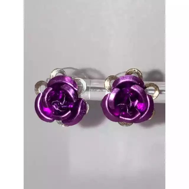 Purple Silver-Tone Metal Rose Flower Earrings! 2