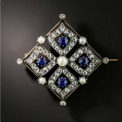 Saphir Perle & Diamant Art Déco Edouardien Broche En 10K Jaune or Sur