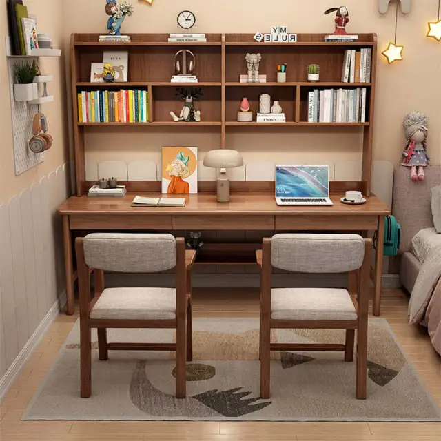Trejan Walnut Solid Wood Study Desk with Book Shelves and Drawers/Rubberwood/...