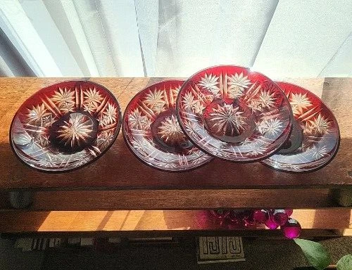 Bohemian Cranberry Ruby Red Cut To Clear Glass Low Profile Berry Bowl 5.5"