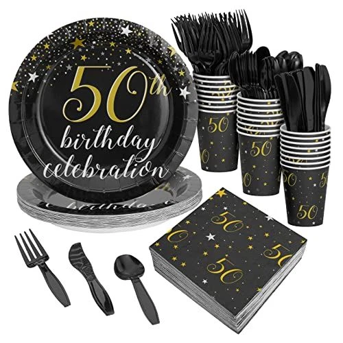 144 Pieces 50th Birthday Party Supplies with Paper Plates, 24-Inch, Black