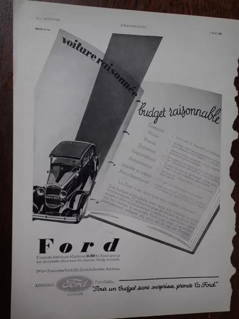 FORD conduite intérieure + BELLE JARDINIERE publicité papier ILLUSTRATION 1931