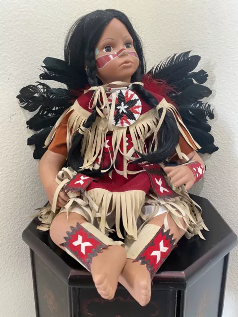 Porcelain Native American Doll Large Pow Wow Dress Feathered Backboard Numbered