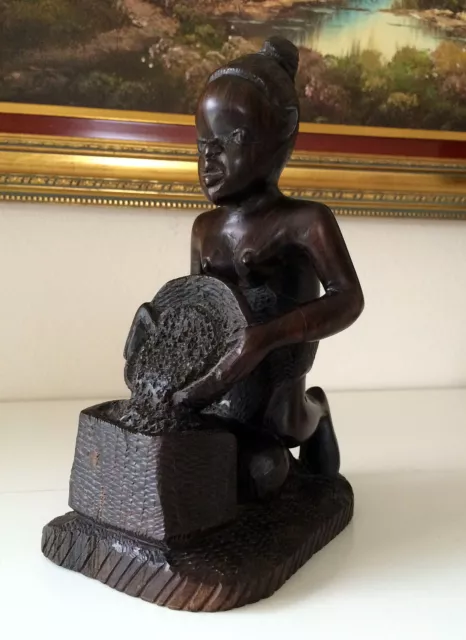 9" Hand Carved African Woman Ebony Wood Sculpture Statue Cooking Meal Tribal Art