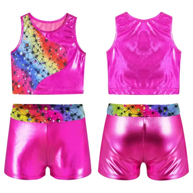 Kids Girls Shorts Set Gym Outfit Modern Athletic Suit Dancewear Crop Tank 2Pcs