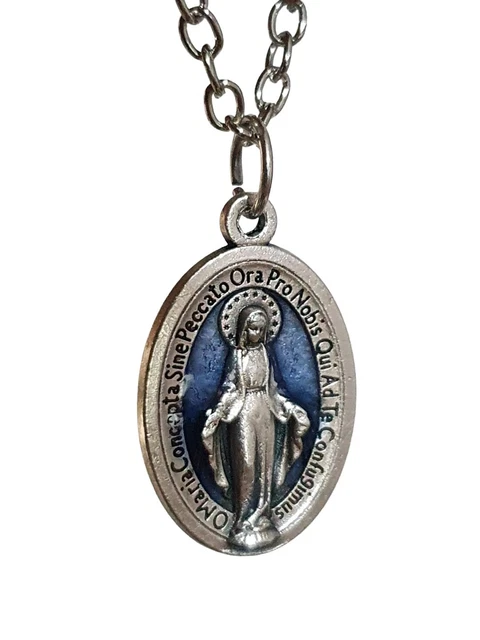 OUR LADY OF the Miraculous Medal Pendant 18" Necklace Blue Enamel Made ...