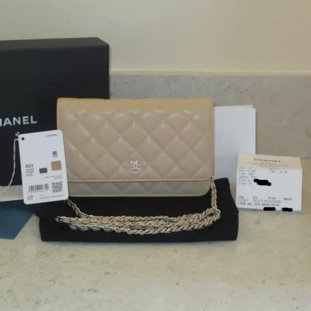 RECEIPT 2023 Chanel Beige Neutral Caviar O-Mini Classic Wallet on Chain WOC Bag