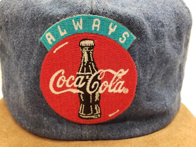 VTG Coca-Cola Blue Denim Tan Suede Wide Brim Snapback Baseball Cap Hat Bottle