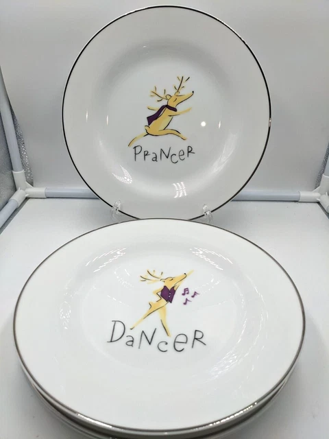 4 Pottery Barn Reindeer Dessert/Appetizer Plates Dasher Dancer Prancer Vixen