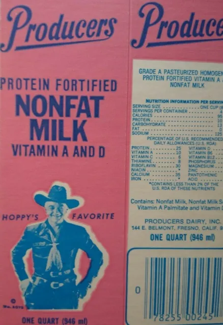 Hopalong Cassidy Milk Container Quart Producers 1960's Original NOS Unused Hoppy