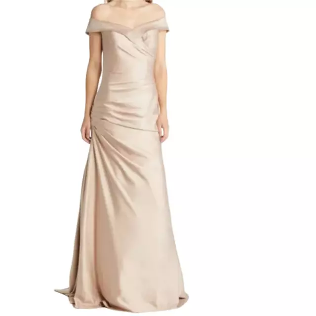 La Femme Elegant Off The Shoulder Gown Beige Ruched Gathered Maxi Dress Size 14