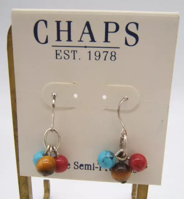 Vintage Chaps Dangle Earrings Genuine Semi-Precious Stones On Card