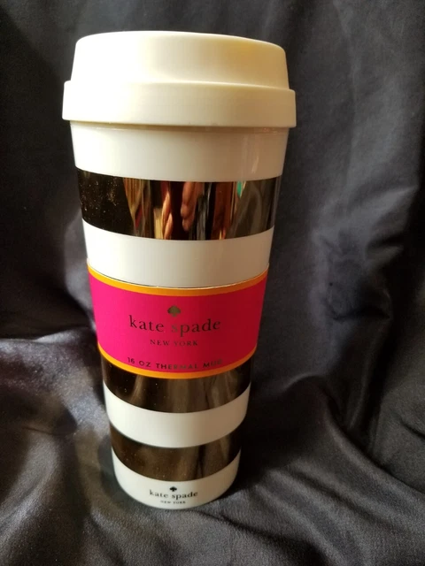 Kate Spade Gold Bands Stripes 16Oz Thermal Travel Mug Coffee Cup Hot Cold