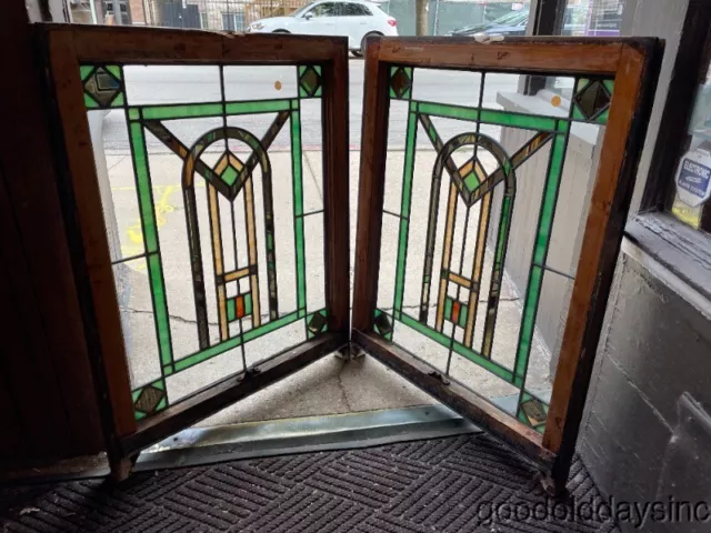 Pair Antique 1920's Chicago Bungalow Style Stained Leaded Glass Windows 34"  26"