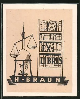 Exlibris H. Braun, Bücheregal, Waage und Kolben mit Brenner