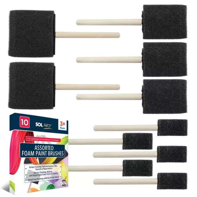 10pk Foam Brushes Sponge Assorted 1" 2" 3" Paint Kids Painting Brush Art Craft