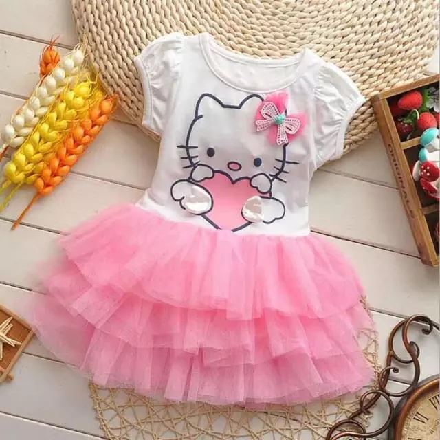 Summer Style Girls Dress Hello Kitty Cartoon Kt Wings Tutu Dress Bow Veil Kids 3