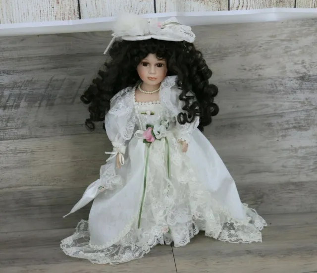 Caroline Taylor Porcelain Doll In White Lace Dress