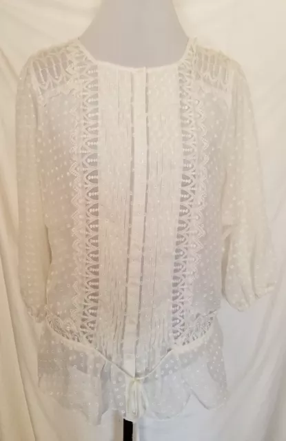 Women's Large Beige By Eci Sheer Clip Dot Lace Off White Ivory Blouse Top