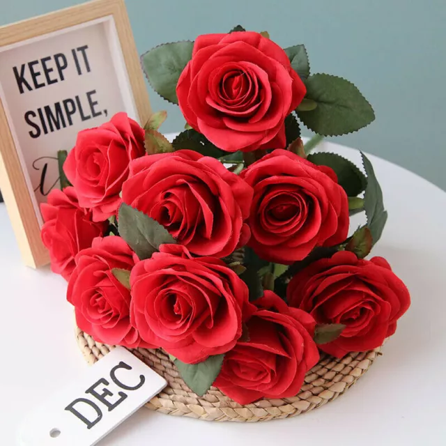 10/12 Heads Silk Rose Artificial Flowers Fake Bouquet Wedding Home Party Decor