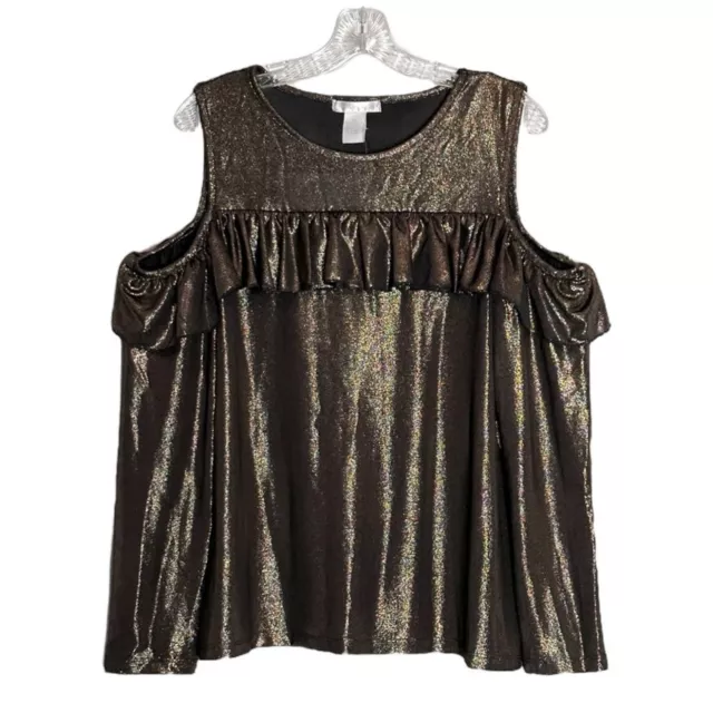 Design History Metallic Ruffle Cold Shoulder Long Sleeve Blouse Size XL NWT