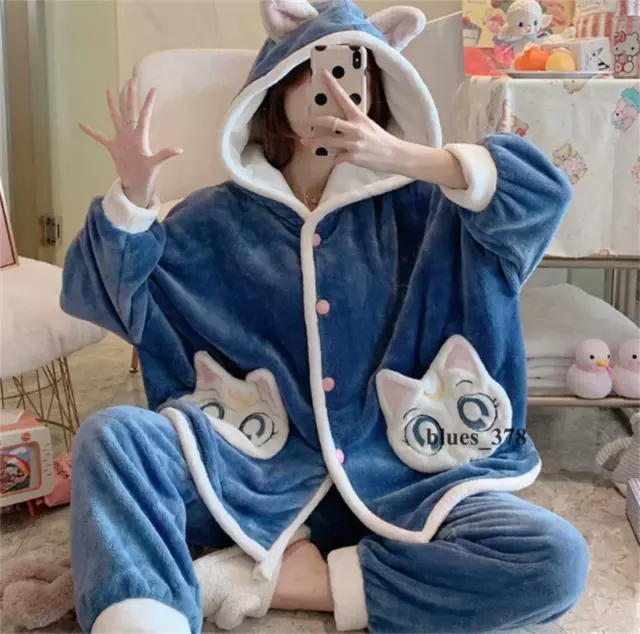 Sailor Moon Flannel Pajamas Set Women Cartoon Luna Cat Hooded Homewear Suit Robe 3