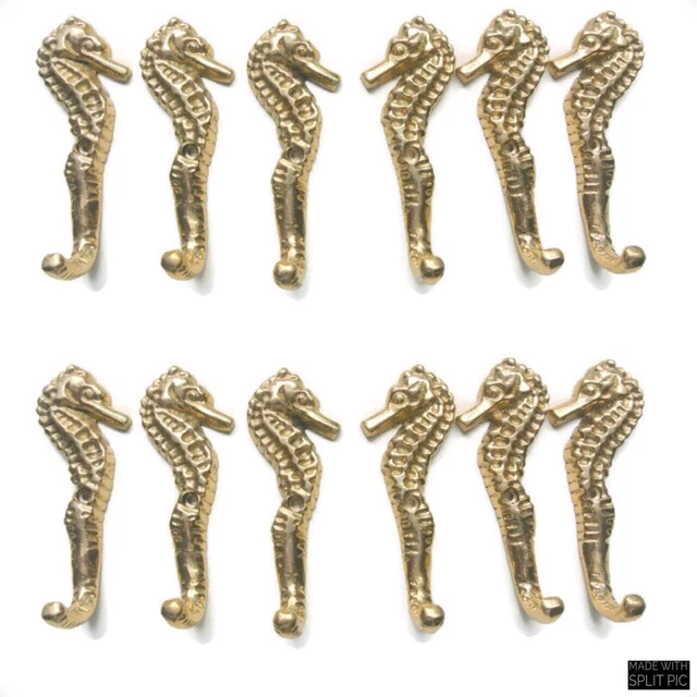 12 small SEAHORSE BRASS HOOK COAT WALL MOUNTED HANG TROPICAL old style hook 3" B