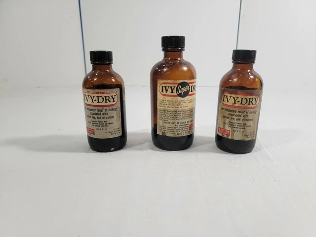 Vintage LOT 3 Brown Glass Bottles Paper Label Ivy Dry Itching Liquid
