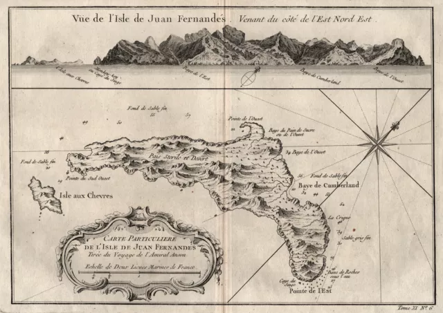 Chile Insel Juan Fernandes Original Kupferstich Landkarte Bellin 1751