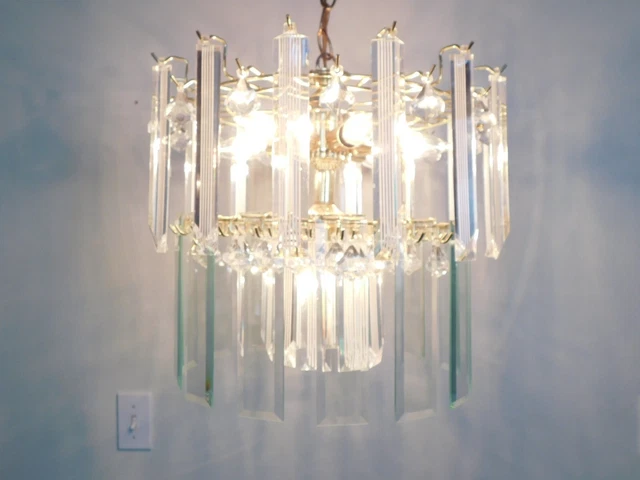Vintage MCM Tiered Lucite Prism Hanging Brass Chandelier Pendant Lighting BRIGHT