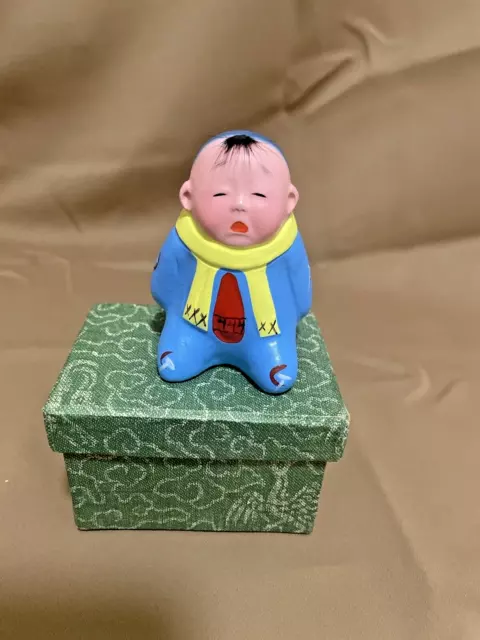 Vintage Oriental Chinese Japanese Small Pottery Cute Baby Figurine. Original Box